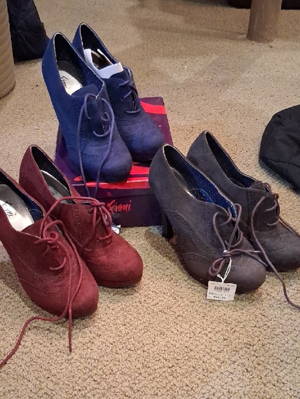 Women's Lace-Up High Heel Booties 3 Pairs. Blue, Burgundy And Grey